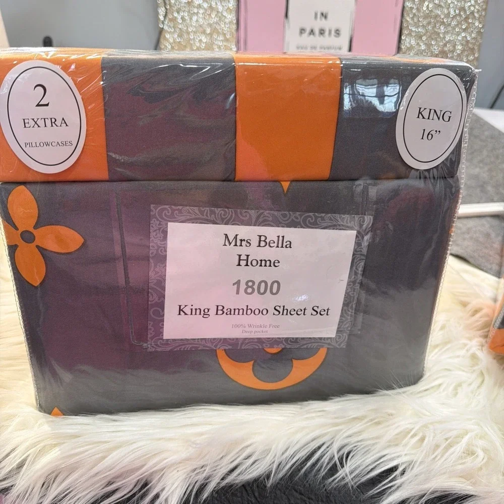 Bamboo KING SHEET SET Designer KING SHEET SET 6 PIECE SET NEW Grey And Orange